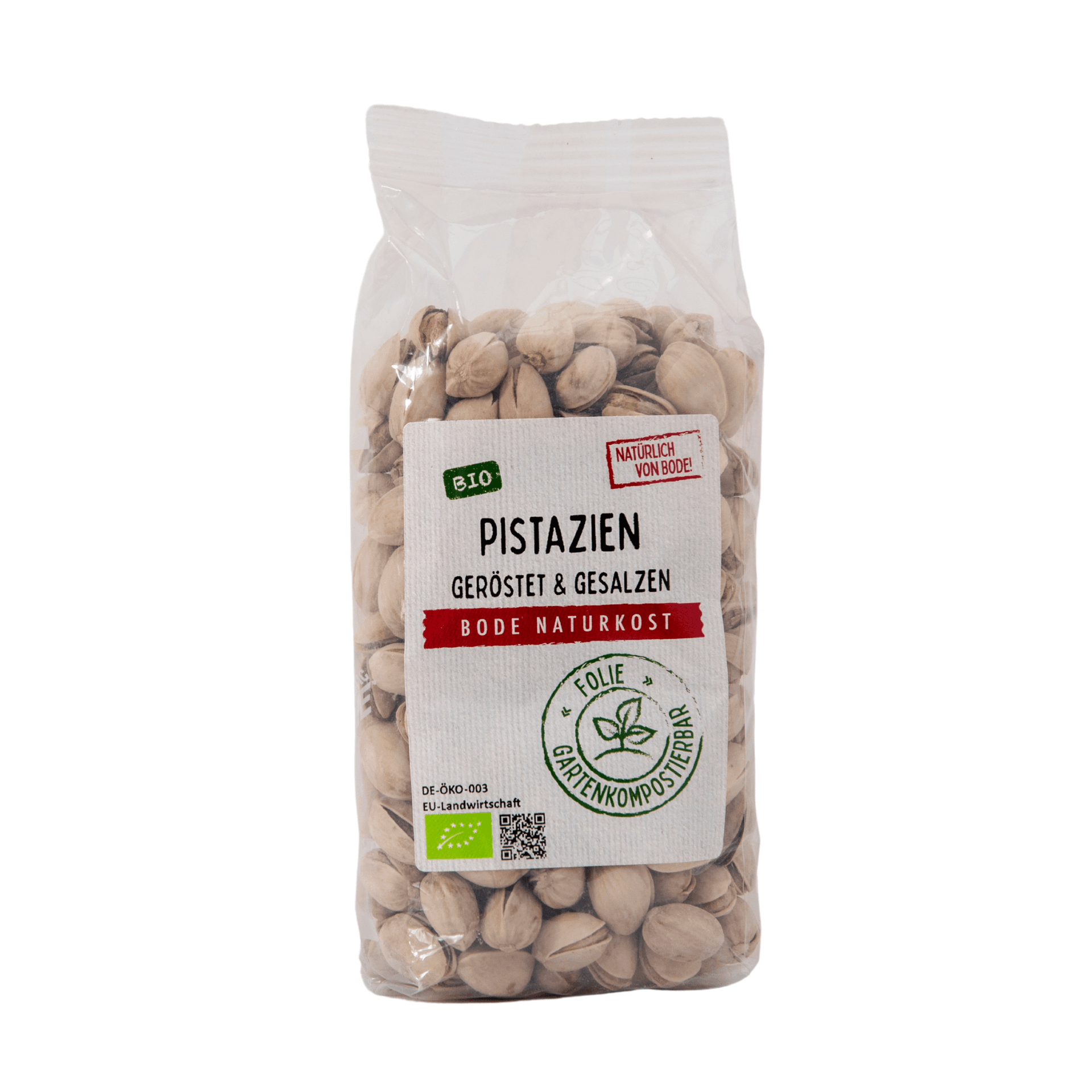 Pistachos tostados y salados en cáscara bio, bolsa compostable en el jardín 6x250g