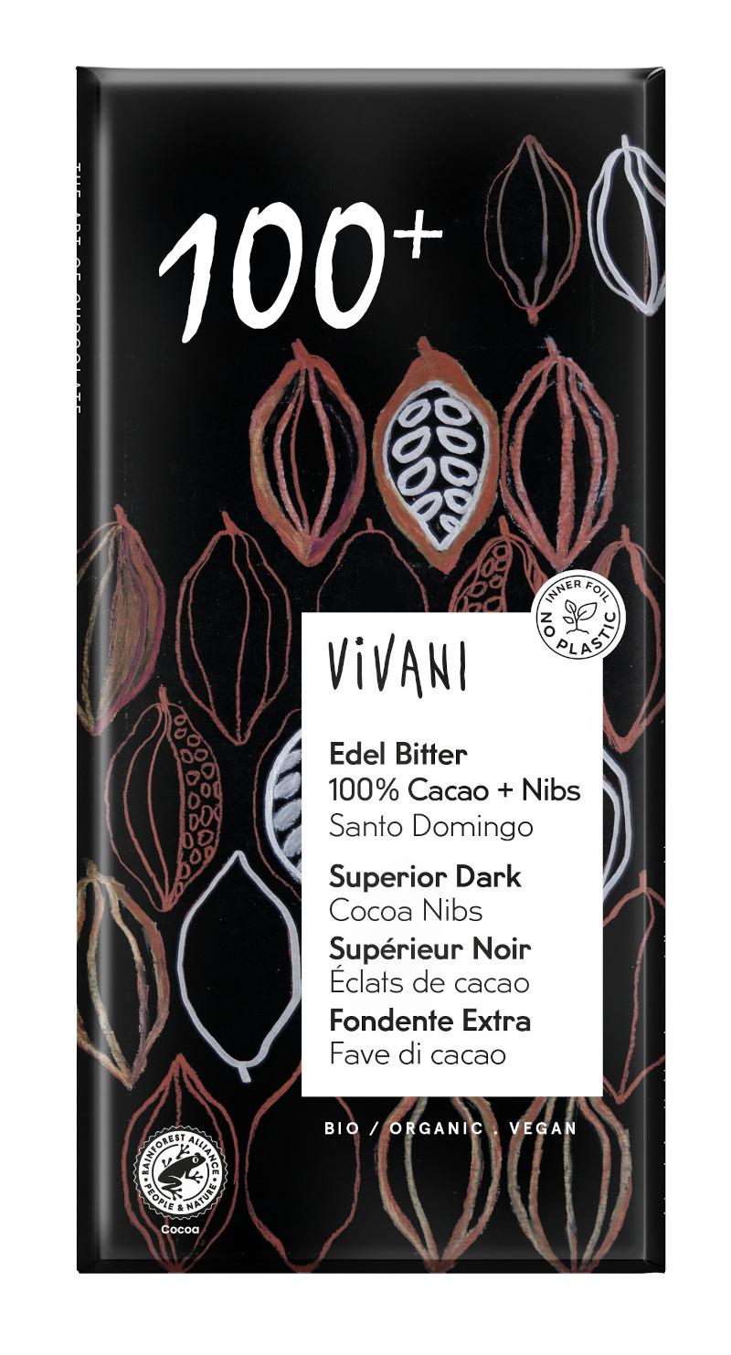Tableta de chocolate amargo premium 100% Cacao + Nibs vegano orgánico Vivani 10x80g