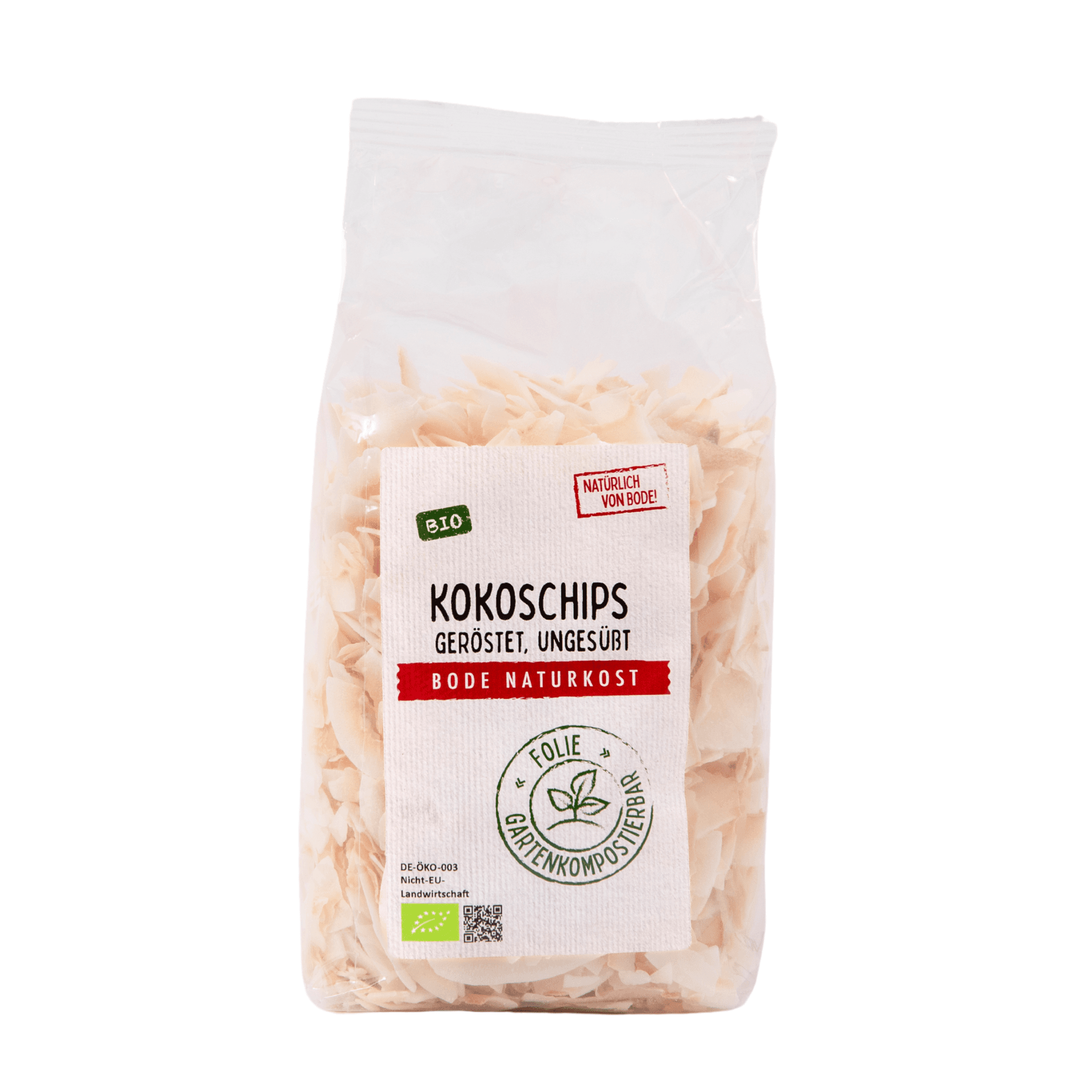 Chips de coco tostados sin azúcar orgánicos, bolsa compostable en el jardín 6x250g
