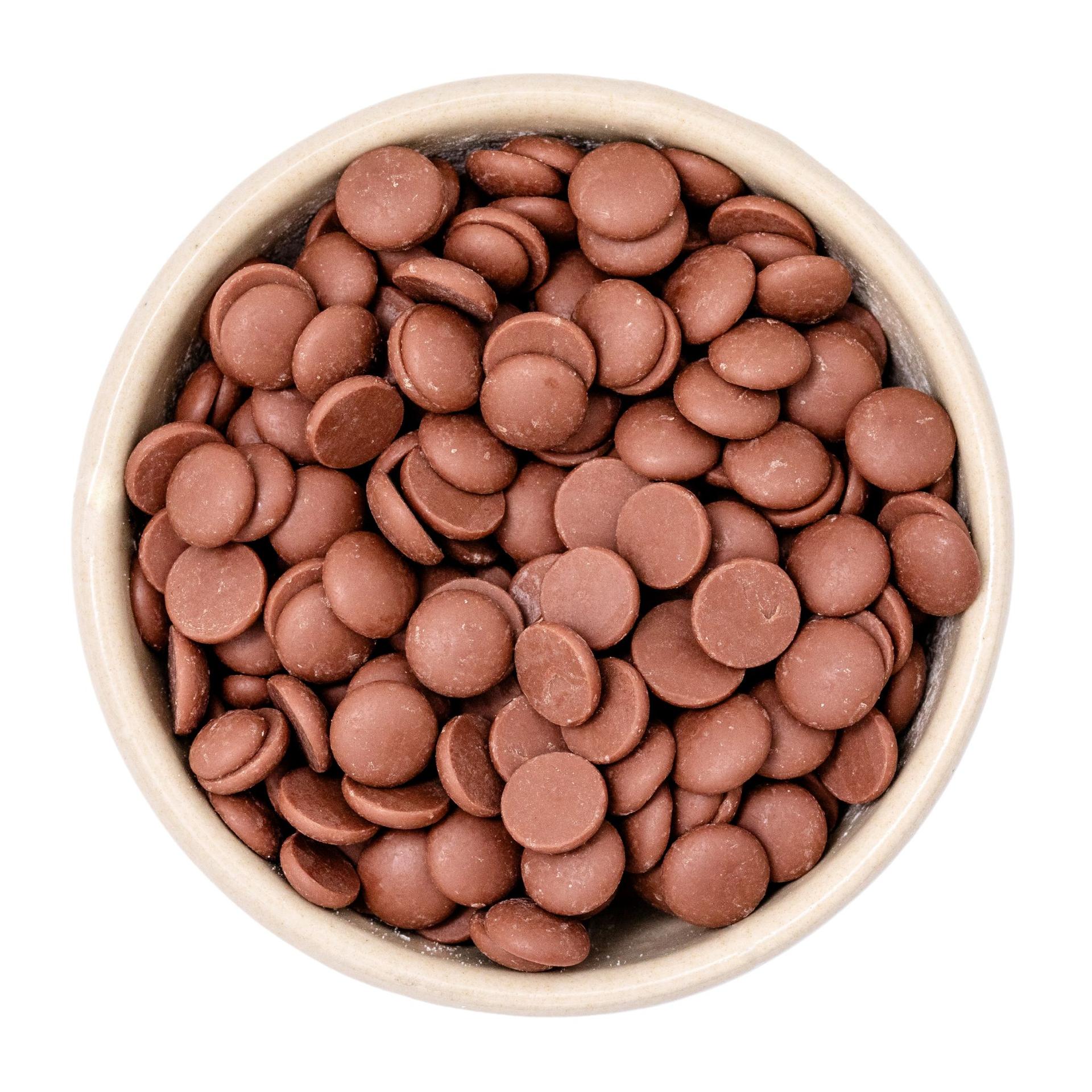 Callets aprox. 10 mm Orgánico de cobertura de leche entera con al menos 35% de cacao 20kg