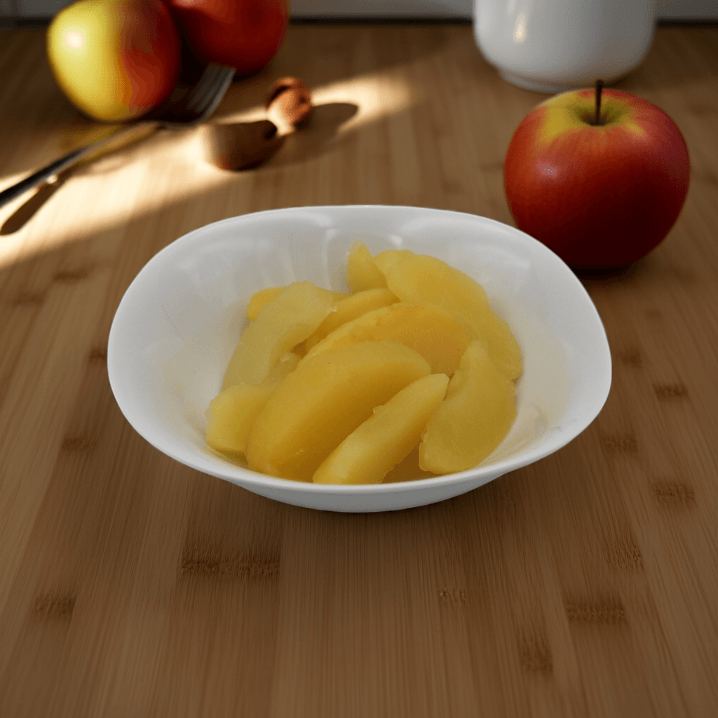 Trozos de manzana cocida orgánica, cantidad de llenado 4,6 kg, peso neto 4,05 kg