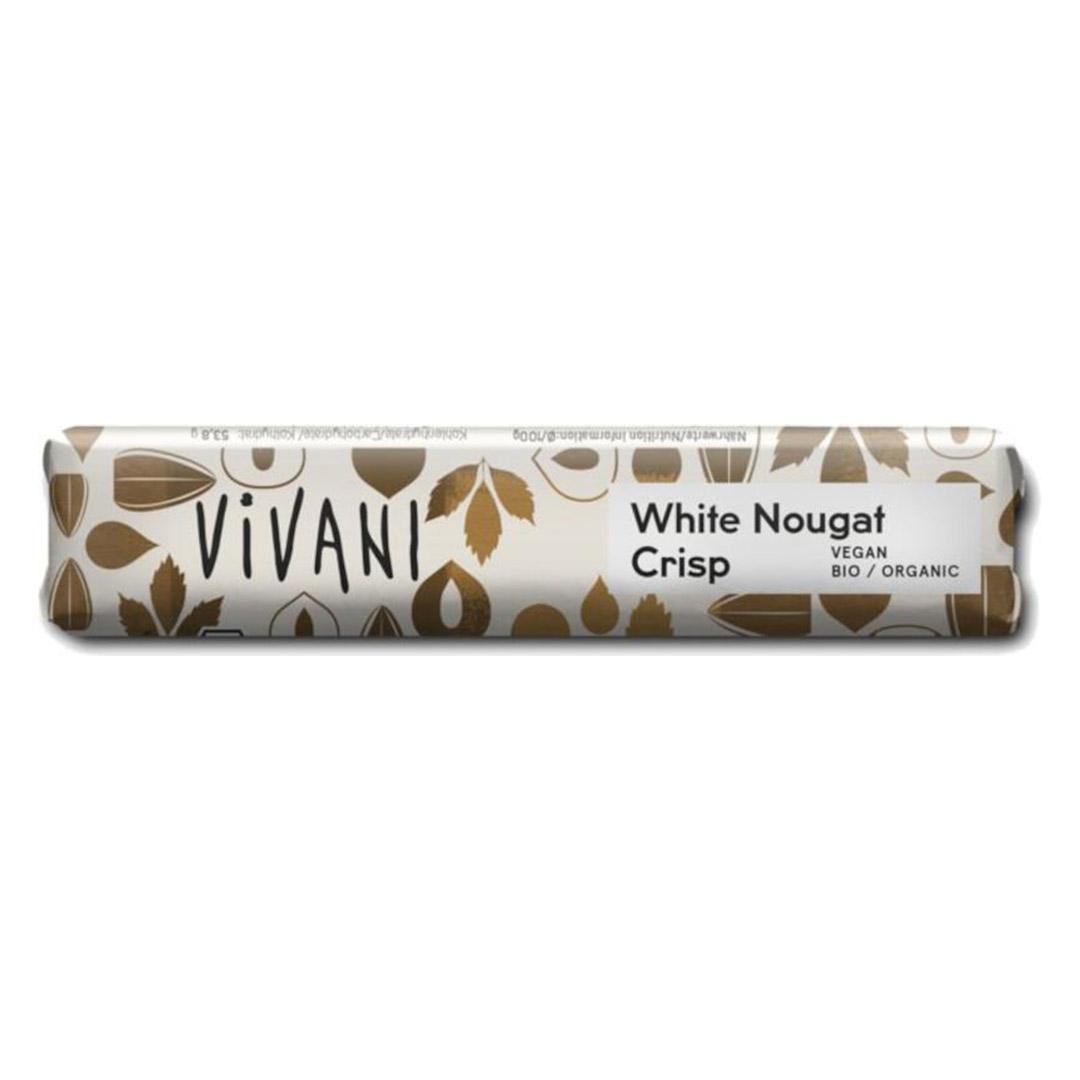 Barra de chocolate White Nougat Crisp con bebida de arroz bio Vivani 18x35g