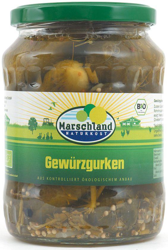 Pepinillos en vinagre orgánicos Marschland, cantidad de relleno 6x670g, ATG 6x360g
