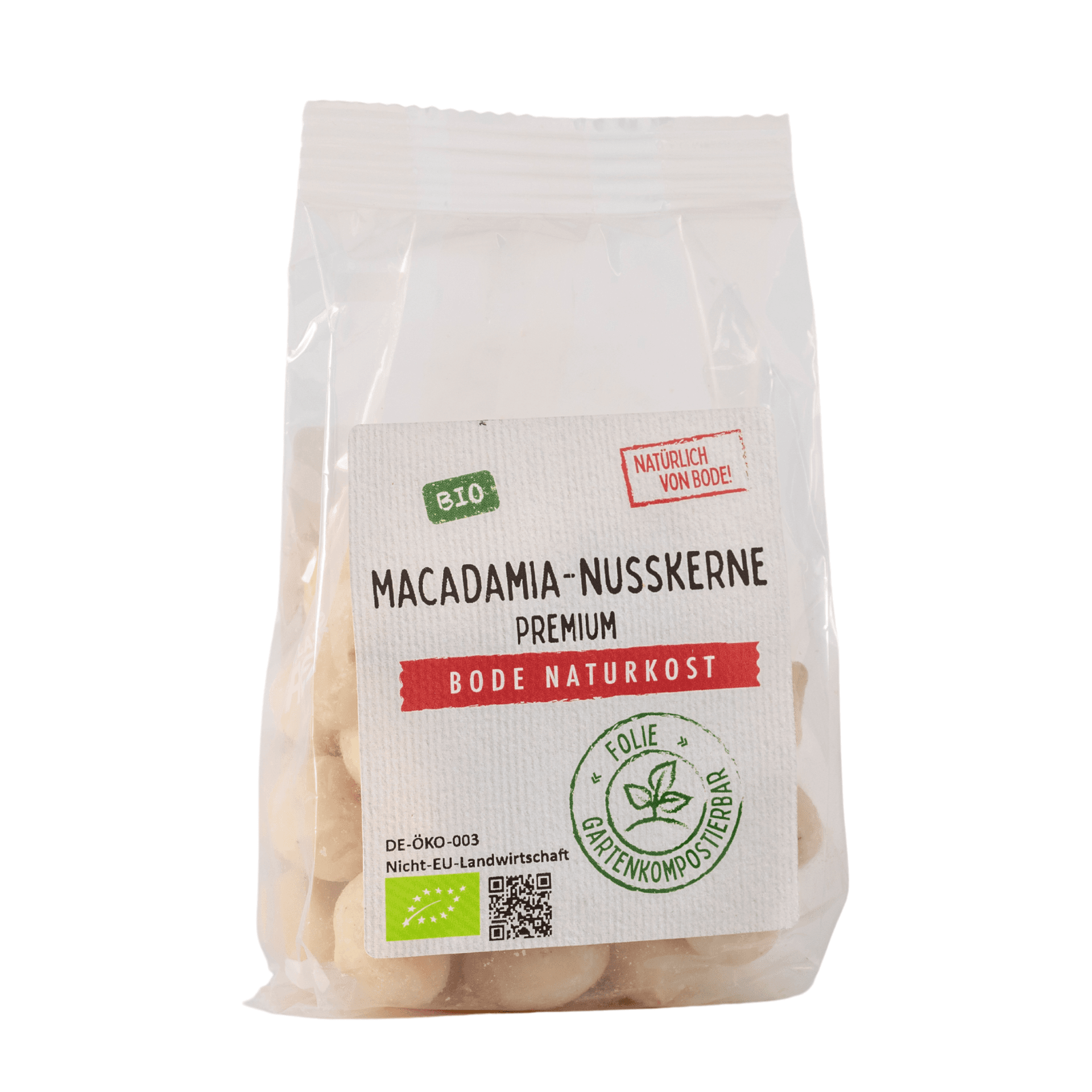 Núcleos de macadamia crudos orgánicos Premium, bolsa compostable 6x100g